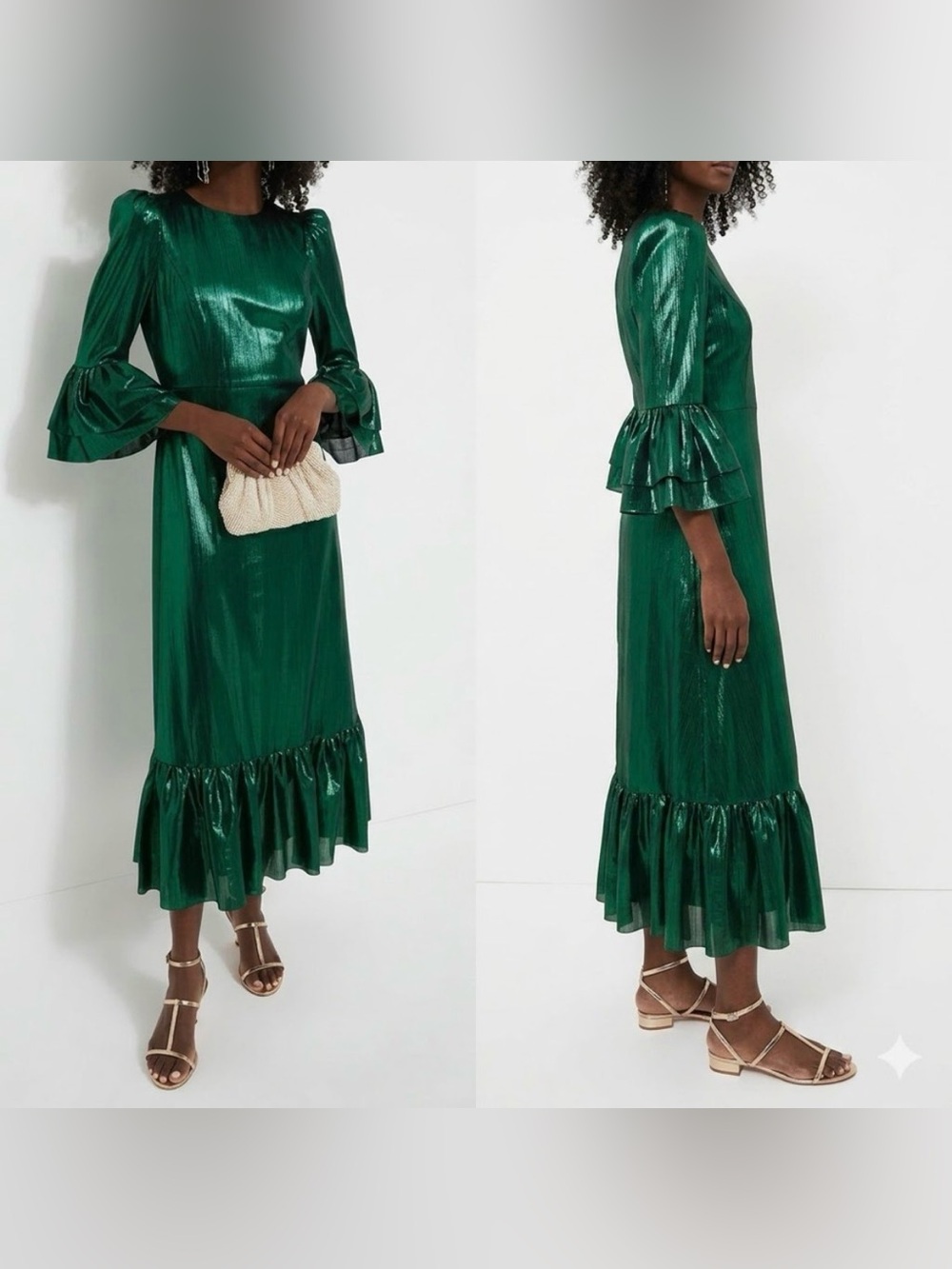 POMANDER PLACE Green Lillith Lined Maxi Metallic Dress Size L NWT